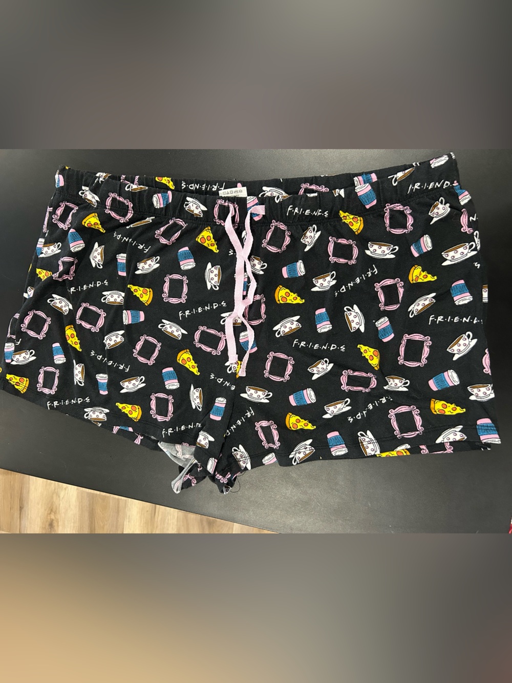 FRIENDS Black Pajama Bottoms with Pizza, Coffee & Picture Frame Motifs